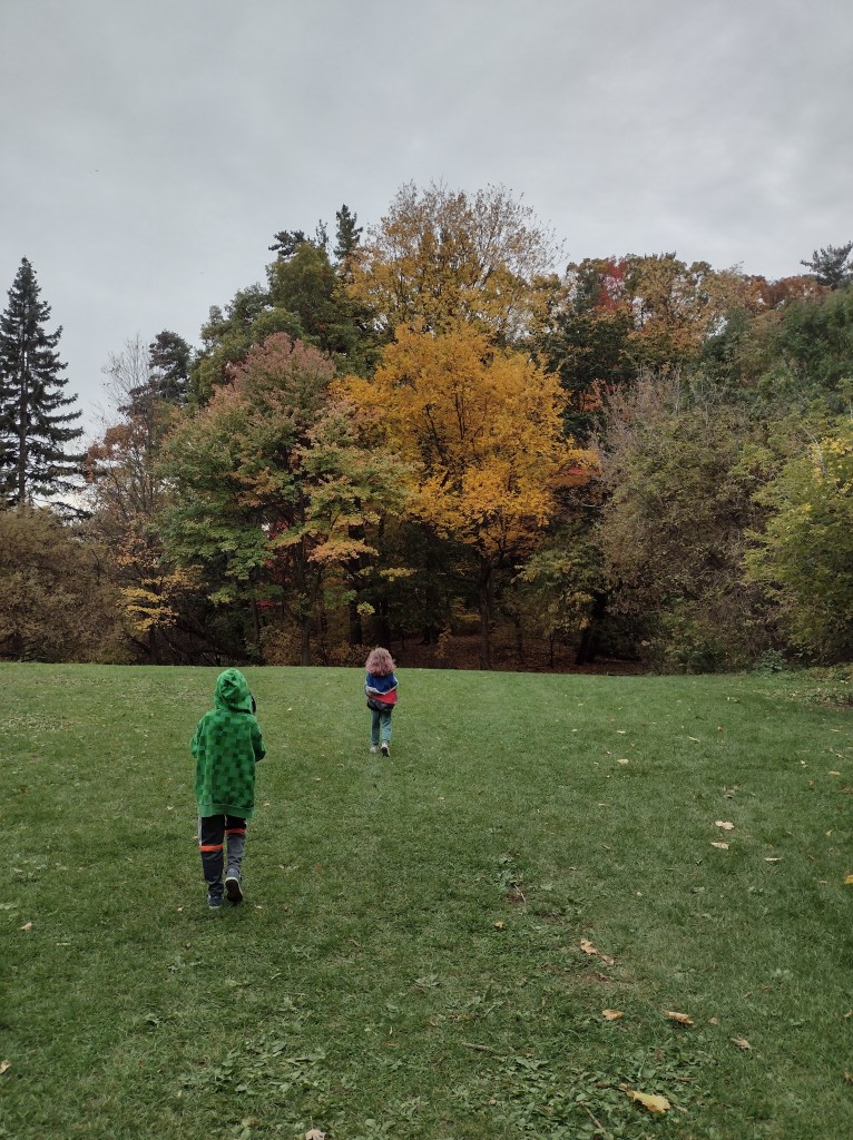 two children walking in a field next to a forest. One child in the foreground is wearing orange and grey sweat pants and a green Minecraft hoodie covering their head. The child in the back, leading the way to the forest, is wearing jeans and a jacket lowered to their elbow, they have pink hair.